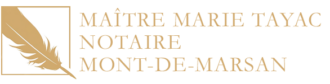 Logo notaire-marie-tayac, plume dorée élégante pour étude notariale à Mont-de-Marsan