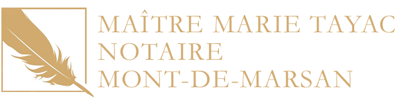 Logo notaire-marie-tayac, plume dorée élégante pour étude notariale à Mont-de-Marsan