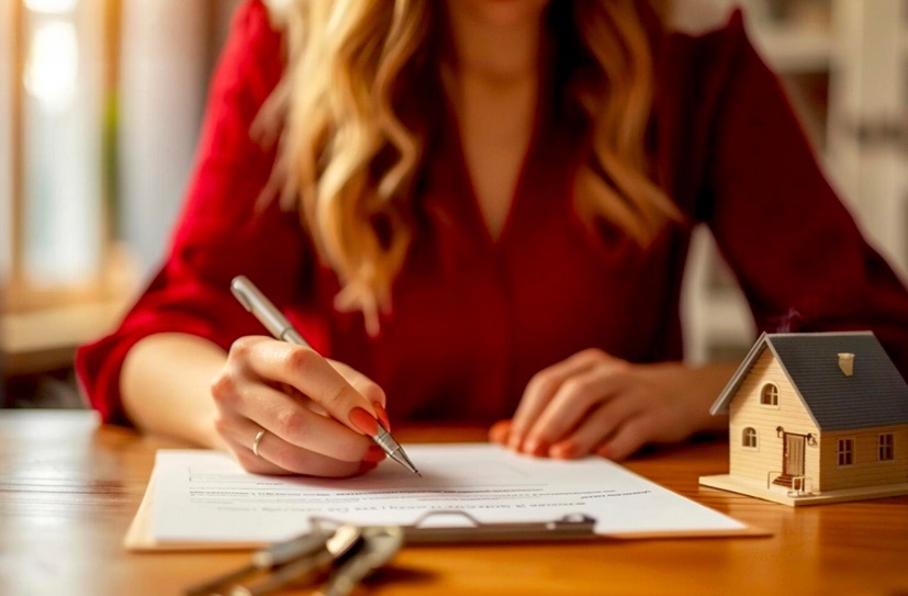 Signature de contrat immobilier chez notaire-marie-tayac à Mont-de-Marsan avec clés et maquette de maison